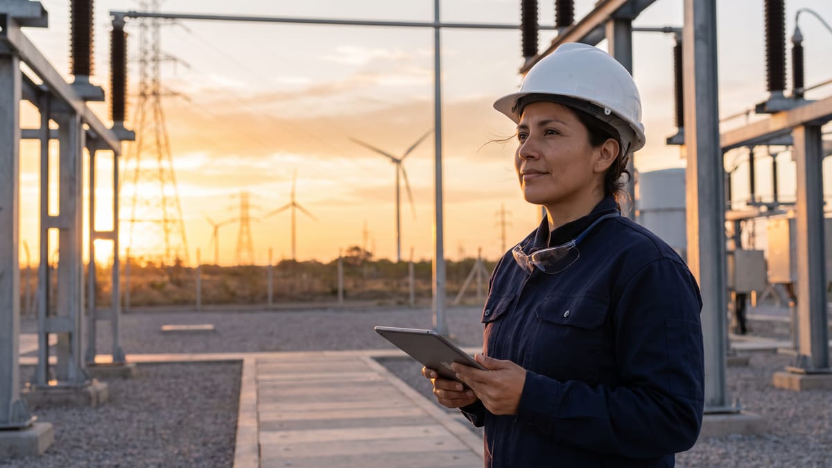 Ingeniera con casco blanco revisa una tableta en una subestación eléctrica al atardecer, con aerogeneradores al fondo