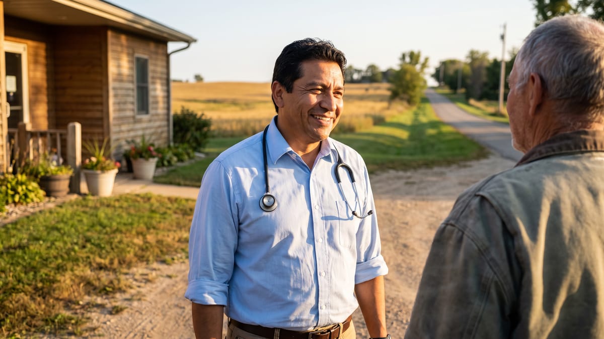 Médico conversa con un paciente mayor frente a una clínica rural