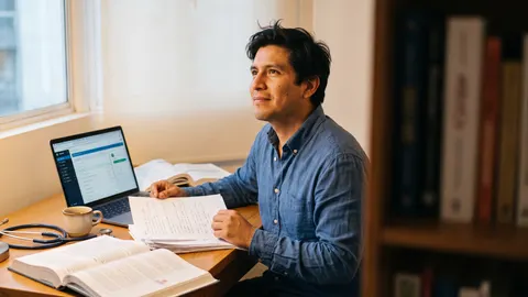 Médico estudia en el escritorio de su casa con un libro de medicina abierto, apuntes y un estetoscopio