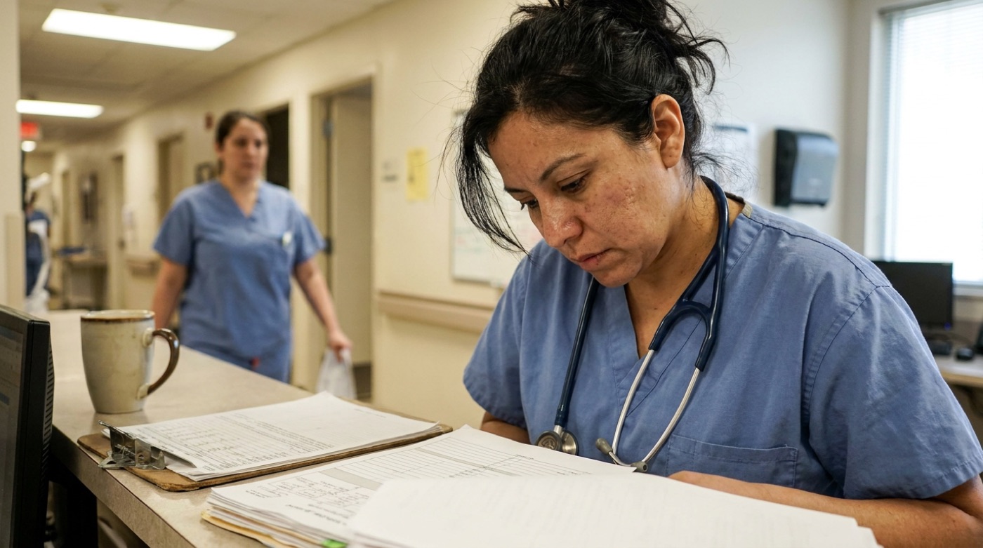 Médica revisando expedientes en la clínica
