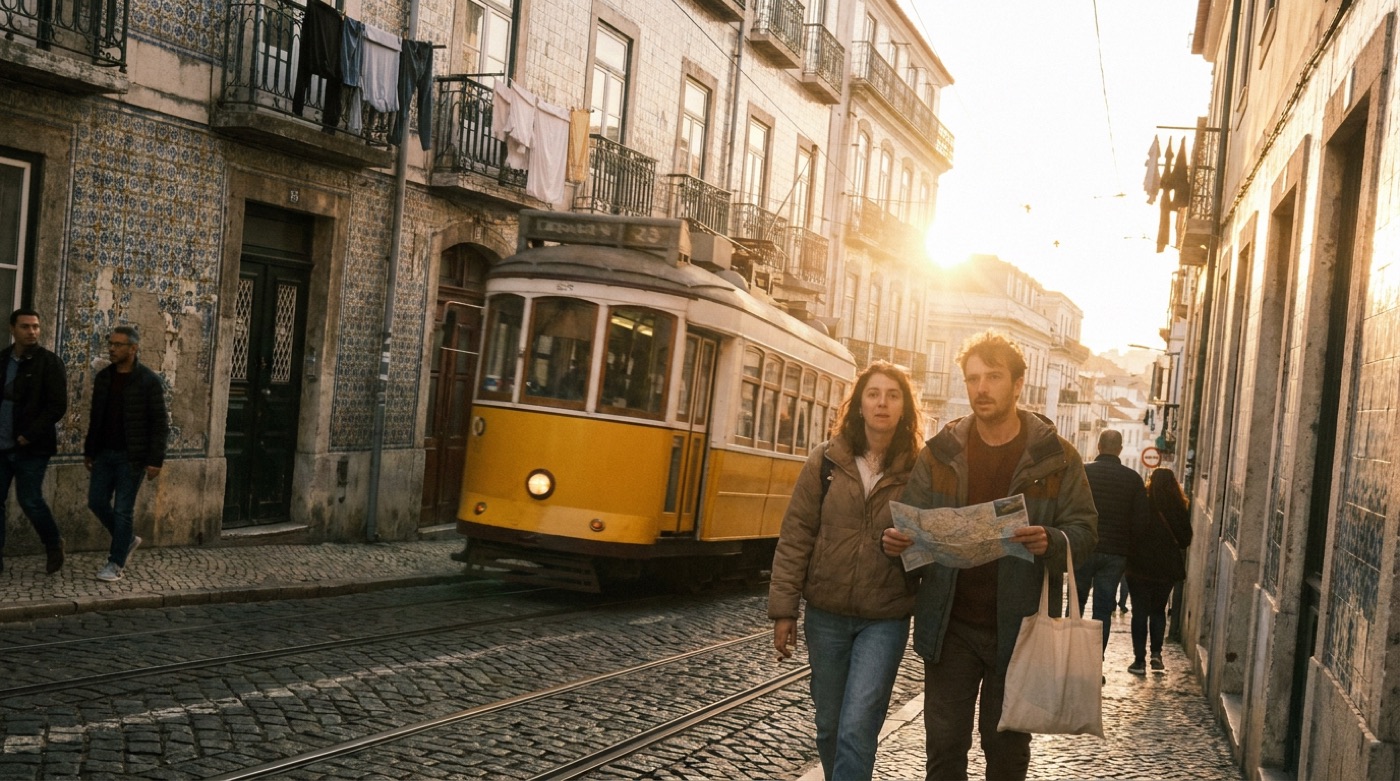 Calle europea al atardecer